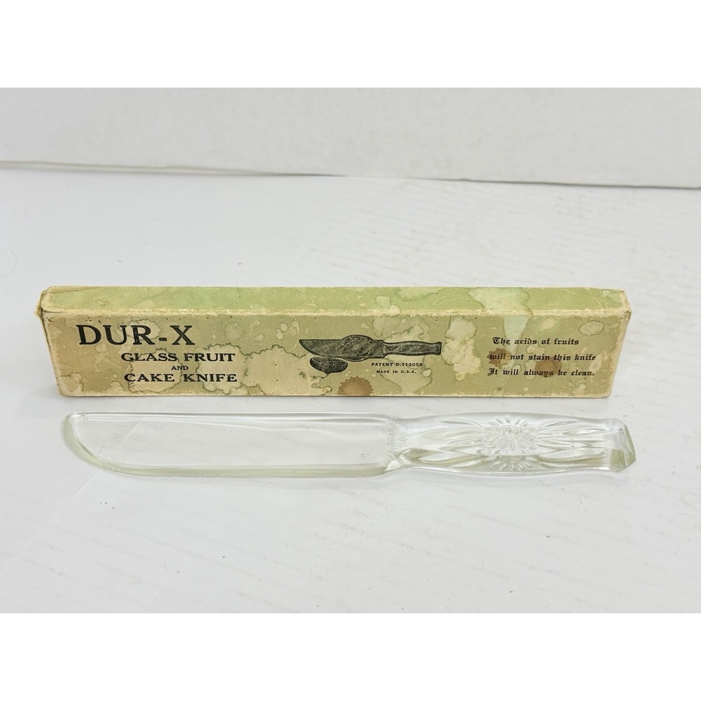 Vintage Dur-X Glass Fruit & Cake Knife w/ Original Box USA Patent D112059